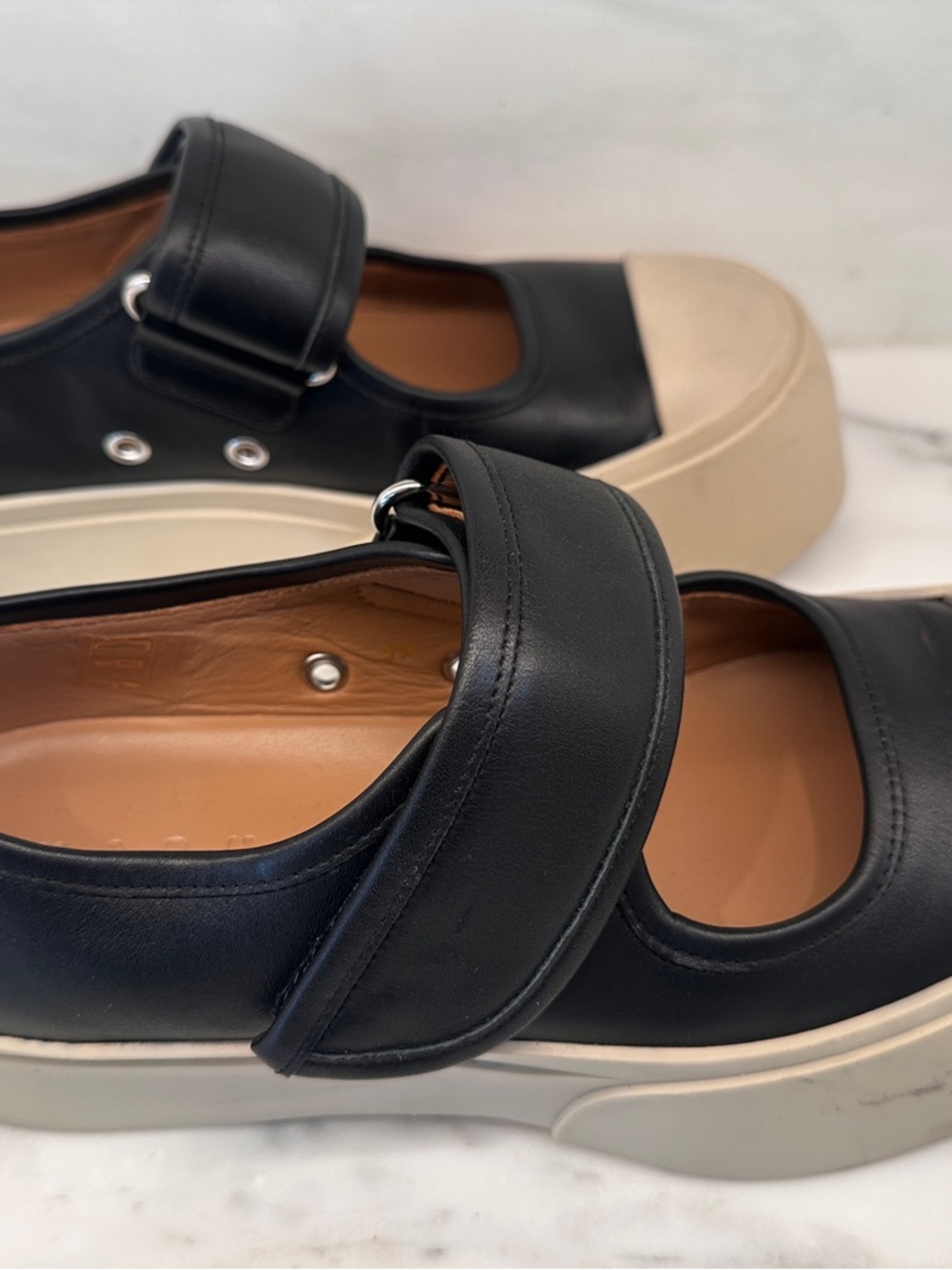 MARNI women’s Black Leather Mary Jane Sneaker with White Platform Sole. - Picture 10 of 11